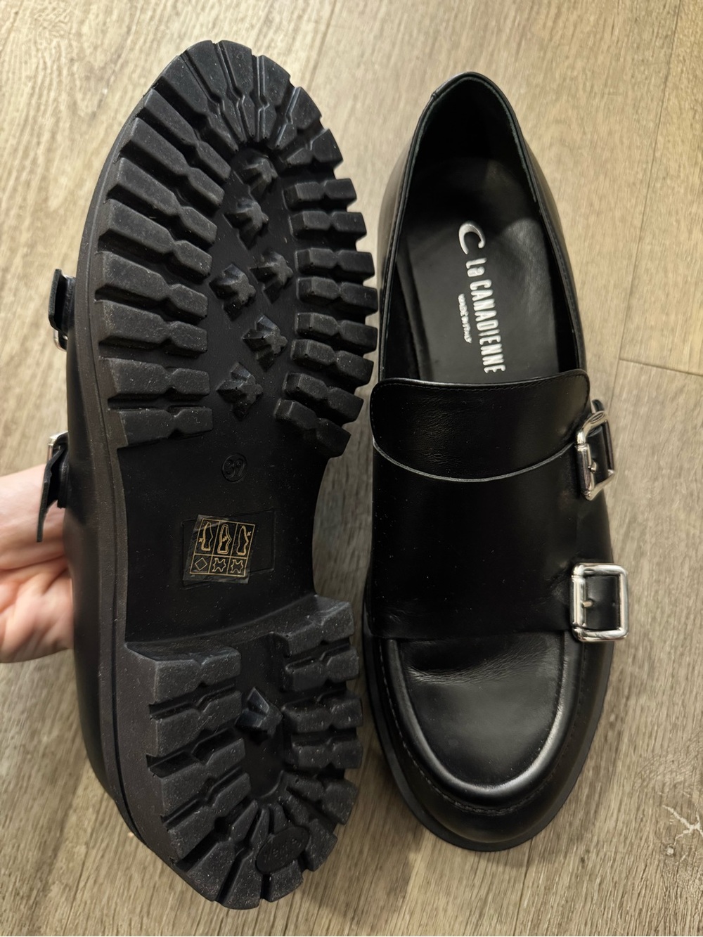 La Canadienne Black Leather Double Buckle Loafers Made in Italy EU 39